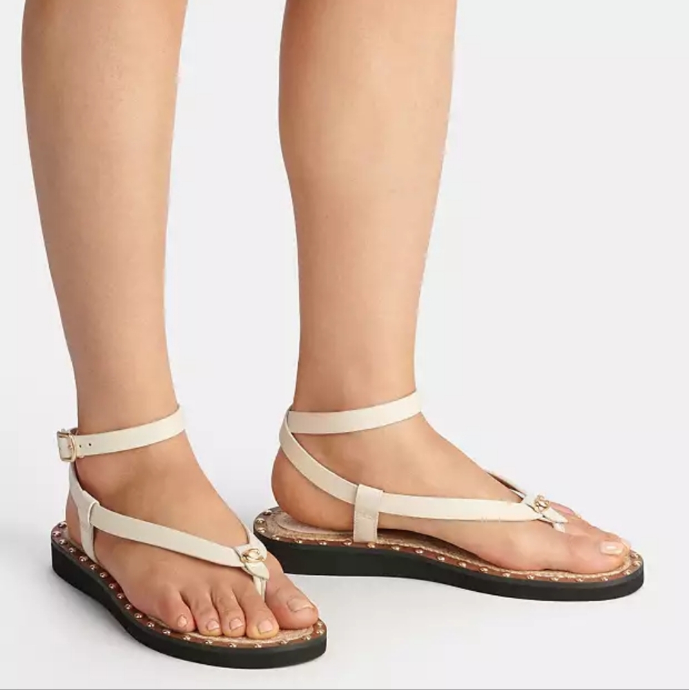 Coach Gracey Light Beige Leather Lace Ankle Wrapped Peebled Flat Sandals